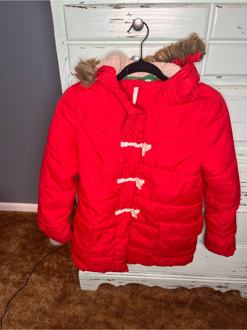 Boden Girl's Bright Dark Pink Toggle Puffer Jacket with Hood. Size 11-12y